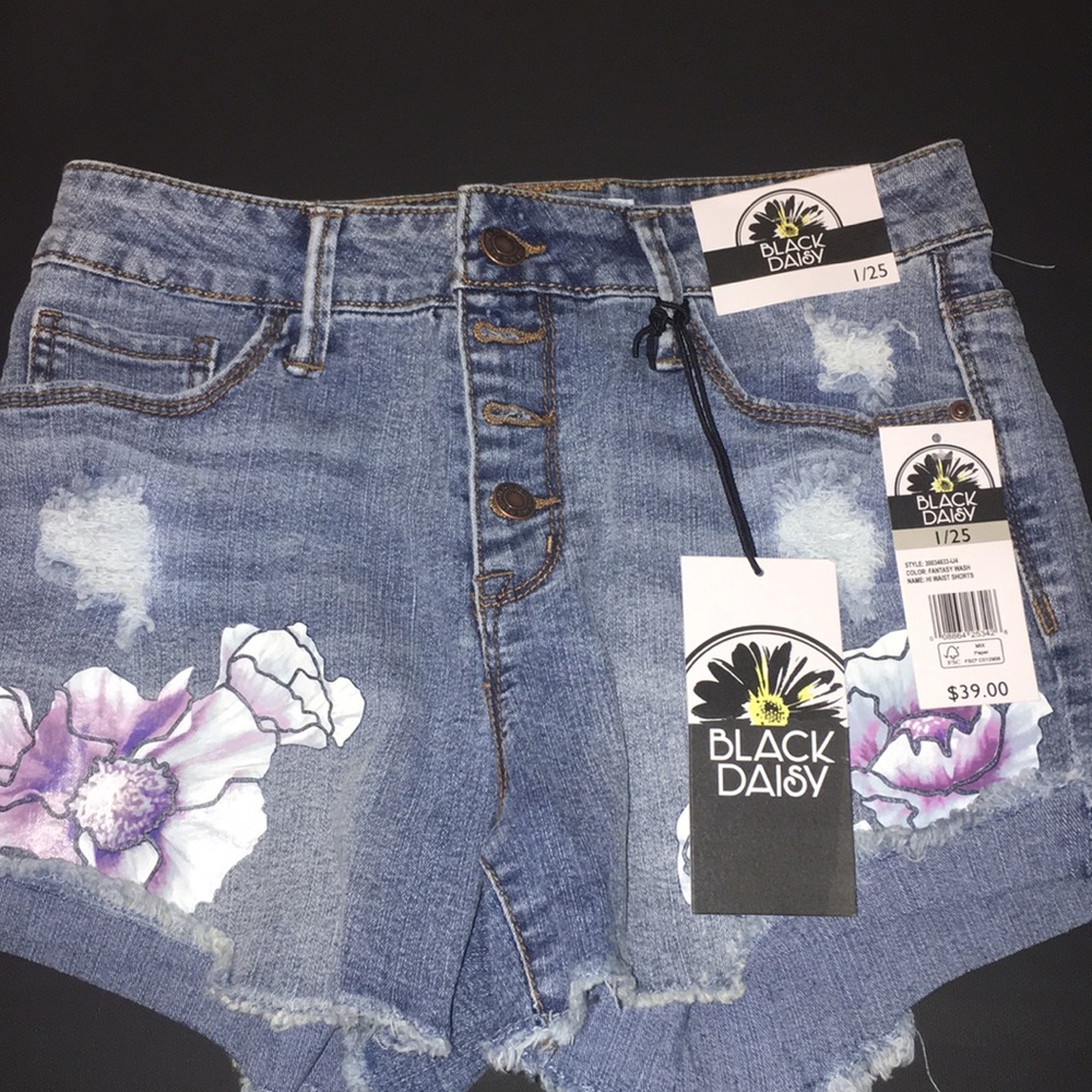 Black Daisy High Waisted Jean Shorts